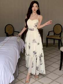 DAZY 波西米亚风印花雪纺吊带连衣裙，生日、新年夜花卉图案舞会礼服，优雅女士复活节连衣裙 - 紫色 - 查看 2