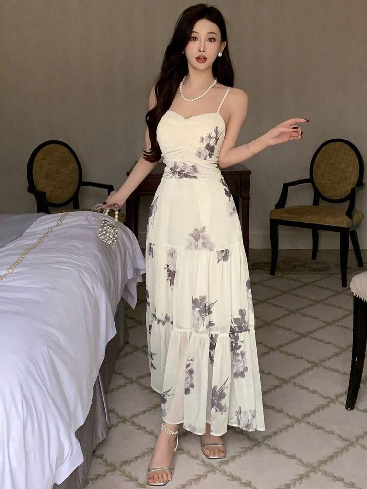 Bohemian Style Printed Chiffon Spaghetti Strap Dress, Birthday ,New Year Eve Floral Prom Dress Sundress Elegant Women Dresses Easter