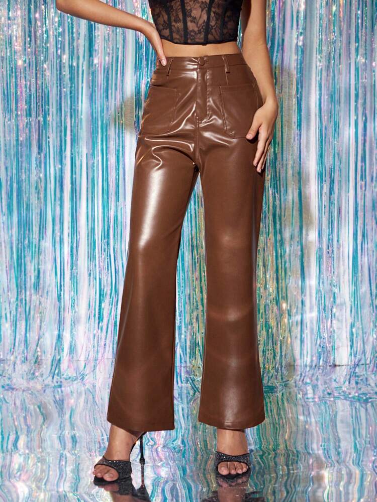Women Retro Style PU Flared Pants