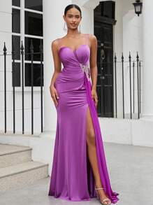 SHEIN Belle Elegante Y Sexy Vestido De Noche Morado Luminoso Para Mujeres Con Tirantes De Espagueti Y Pliegues Laterales - Morado Violeta - Ver 6
