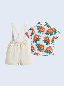 SHEIN Baby Boys' Floral Pattern Decorated Bow Tie Collared Short Sleeve Shirt With Suspenders And Shorts Set - Apricot - View 3