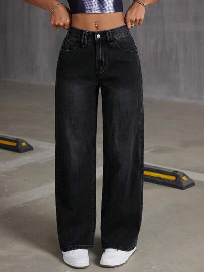 Mid-Rise Water-Washed Straight Leg Jeans