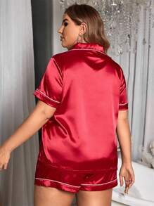 大码心形印花短袖上衣和短裤睡衣套装（带拼色）