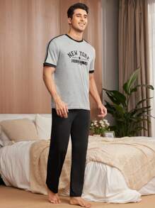 男士對比色家居服套裝，標語印花 - 淺灰色 - 查看 4