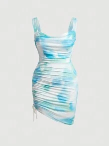 SHEIN MOD Plus Size Drawstring Pleated Casual Daily Wear Spring Summer Dress - Blue - View 1