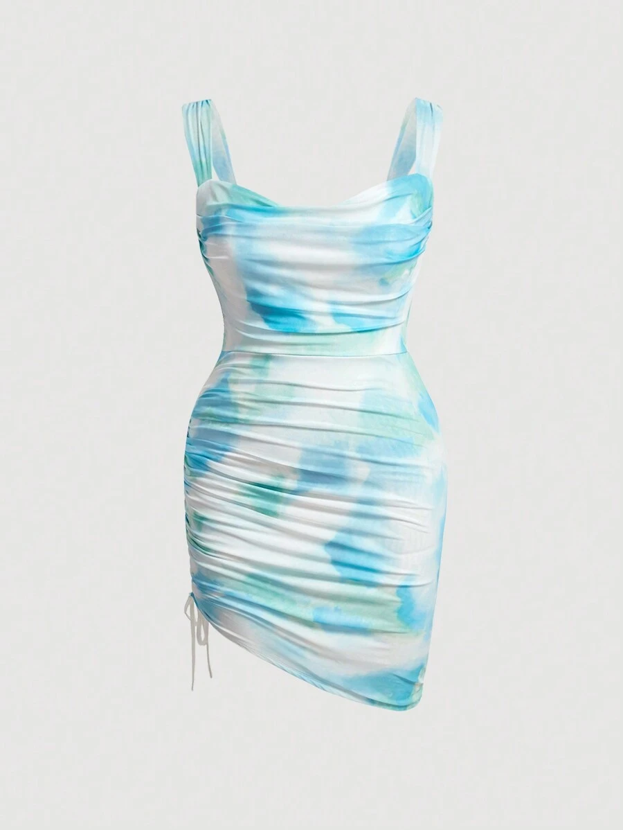 SHEIN MOD Plus Size Drawstring Pleated Casual Daily Wear Spring Summer Dress - Blue - View 1