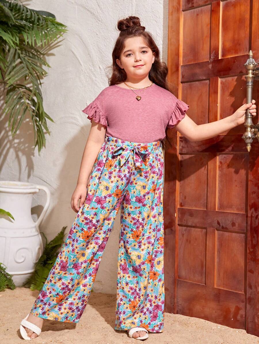 SHEIN Conjunto de camiseta de manga corta de unicolor con pantalones anchos estampados casuales en talla extendida para niña preadolescente - Rosa - Ver 1