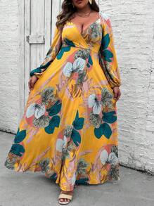 SHEIN VCAY Plus Size Women Plant Printed Lantern Sleeve Dress - Yellow - View 4