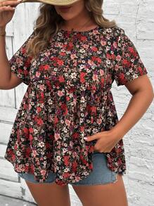 SHEIN VCAY Plus Size Women Summer Holiday Style Floral Print Loose Fit Short Sleeve Shirt With Round Neckline