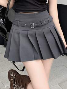 DAZY 女士休闲学院风带扣腰带百褶裙，女士休闲腰带，索环孔眼，百褶短款常规款自然灰色纯色女士裙子，春夏，休闲日常穿着 - 灰色 - 查看 3