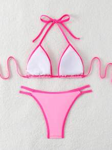 SHEIN Swim Colorblock Contrast Frill Trim Two-Piece Bikini Set Summer Beach - Pink - View 3
