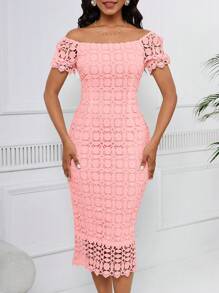 SHEIN Lady Einfarbiges passendes Spitzenkleid für Hochzeitsgäste - Altrosa - Übersicht 6