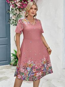 SHEIN Clasi Damen elegantes Kleid in Große Größen mit farbigem Muster, für den Sommer - Altrosa - Übersicht 4