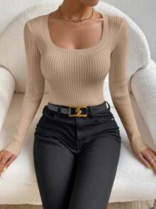 Chiquease Jersey ajustado de cuello redondo elegante, adecuado para superposición, blusas de manga larga