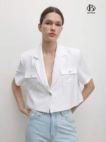 BizChic Women Solid Color Short Sleeve Blazer With Suit Collar For Summer - White - View 2