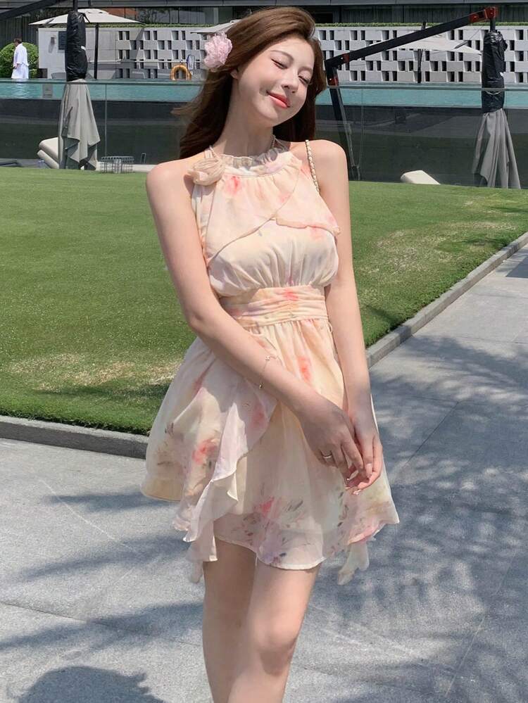 Women's Floral Print Chiffon Dress With Ruffle Trim, Decorative Flowers And Cinched Waist Cruise Women Outfits Sundress,Mini Dress Vacation Outfits Women Easter Boho