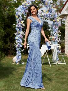 BluePlum Vestido de manga corta con cuello en V y lentejuelas elásticas de alta calidad, diseño de dobladillo de cola de pez, vestido largo elegante y de lujo de unicolor, que muestra el encanto femenino juvenil, adecuado para fiestas, graduaciones, bodas, eventos, galas y ocasiones formales de vacaciones - Neblina azul - Ver 7