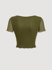 SHEIN MOD Camiseta de malla elástica para mujer de talla grande, verde, con diseño de 2 en 1 en el frente y detalle de lazo