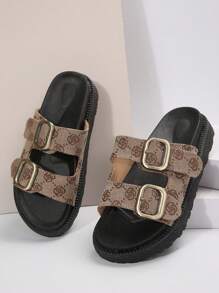 Femmes à la mode Brun Vintage Imprimé Boucle de ceinture Épais Slide Bottom Sandales Été Style plat de vacances Chaussures d\"extérieur