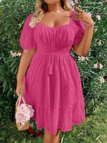 Sunnyshic Plus Size Nữ Mùa Hè Màu Người Yêu Cổ Ngắn Bong Bóng Tay Cà Vạt Phía Trước Thanh Lịch Thêu Áo - Màu Hồng Tươi - Xem 5