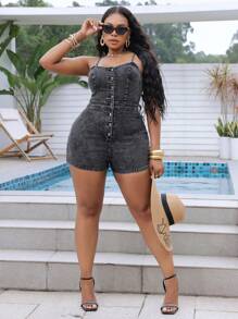 SHEIN SXY Plus Size Women Sexy Slim Fit Denim Jumpsuit Spaghetti Strap Black - Black - View 3