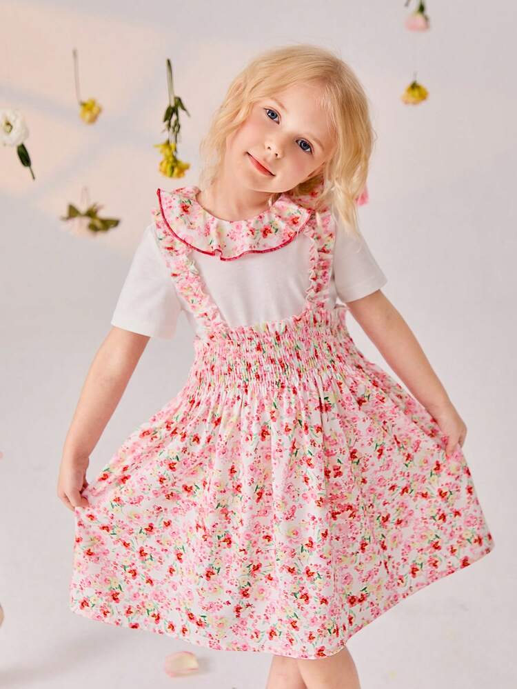 Young Girl Country Style Lotus Edge Round Neck Top With Floral Dress, 2pcs/Set For Spring/Summer
