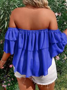 Breezaya Plus Size Women Summer Solid Color Off Shoulder Loose Blouse With Ruffled Hem - Blue - View 2