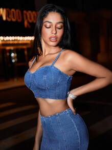 SHEIN BAE Denim Darling Cropped Bustier&Concert Outfits&Summer Tops&Summer Clothes&Beach Women Outfits&Festival Outfits - Blue - View 5