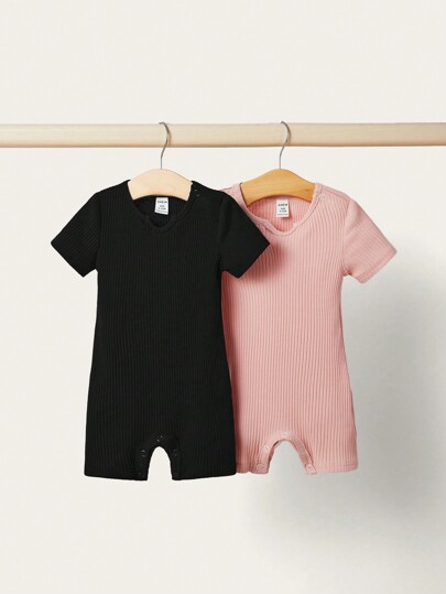 SHEIN Baby Girl Casual Knitted Solid Notch Neck Short Sleeve Romper , Suitable For Summer