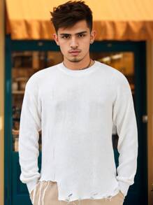 Manfinity Homme Jersey De Hombre De Cuello Redondo De Manga Larga En Color Sólido - Blanco - Ver 1