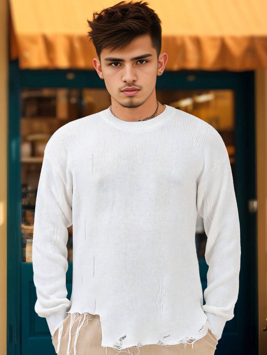Manfinity Homme Jersey De Hombre De Cuello Redondo De Manga Larga En Color Sólido - Blanco - Ver 1