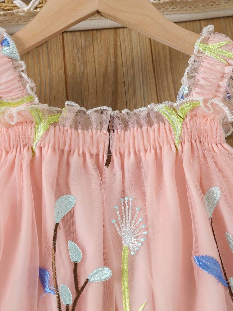 Young Girl Cute Gorgeous Pink Floral Embroidered Mesh Dress For Summer