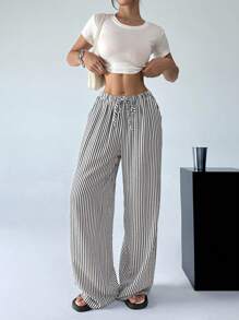 SHEIN EZwear Striped & Printed Casual Daily Wear Women Spring/Summer Long Pants - Black and White - View 4