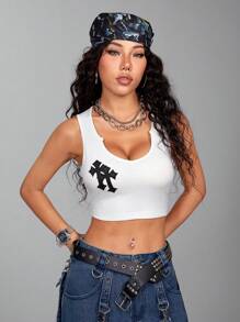 SHEIN EZwear Top sin mangas estilo callejero con bordado de remiendos y cuello recortado para uso casual en verano