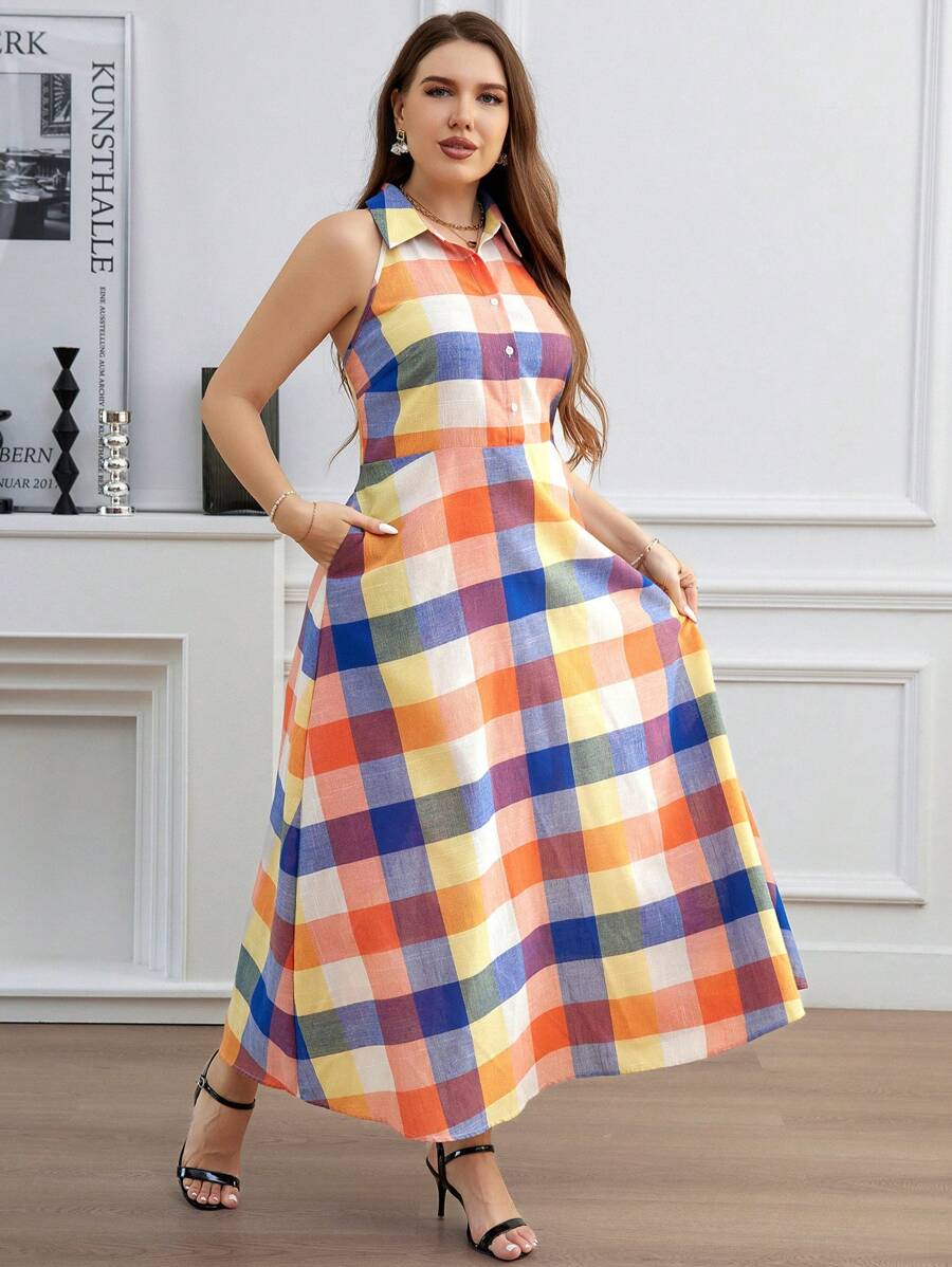 SHEIN Clasi 格紋圖案的大尺碼女款無袖襯衫連身裙 - 彩色 - 查看 1