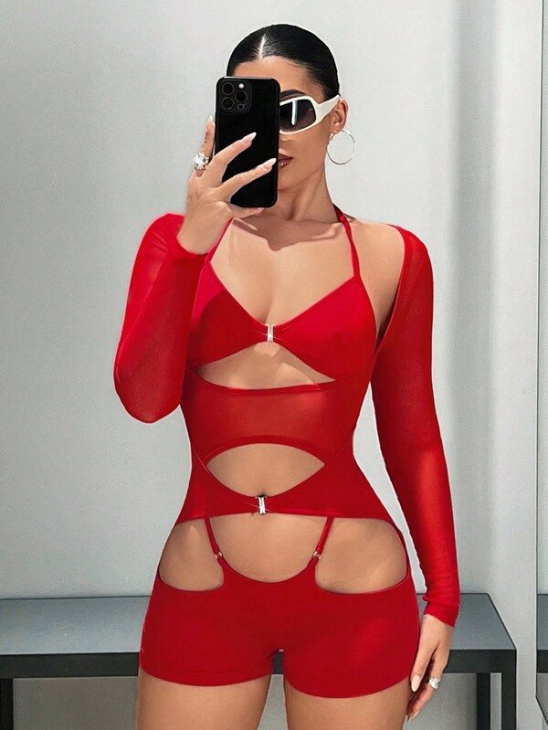 SHEIN ICON Set de două piese negru, vestă triunghiulară, salopetă din plasă contrastantă, pantaloni scurți de vară