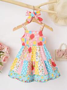 Baby Girl Sleeveless Tiered Patchwork Ruffles Summer Camping And Outdoor Vacation Dress With Headband - Multicolor - View 1