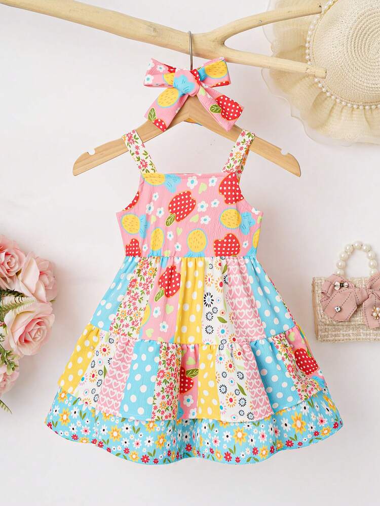 Baby Girl Sleeveless Tiered Patchwork Ruffles Summer Camping And Outdoor Vacation Dress With Headband