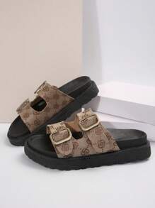 Femmes à la mode Brun Vintage Imprimé Boucle de ceinture Épais Slide Bottom Sandales Été Style plat de vacances Chaussures d\"extérieur