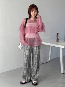FRIFUL Mesh Round Neck Top With Ruffle Trim And Decorative Border, Loose Fit And Fashionable Style Sheer Long Sleeve Women Tops,Fall Women Clothes - Rose Red - View 2