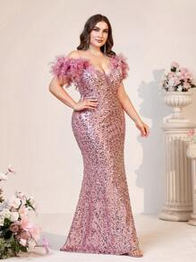 SHEIN Belle Plus Size Elegant Romantic Sequins Feather Shoulder Decor Women Evening Party Gown (Heavy Duty) (The Shoulder Feathers Are Fake, Made Of Feathers) Formal Prom Wedding Guest Dress, For Graduation, Dinner