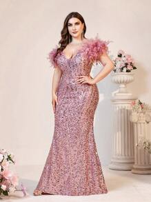 SHEIN Belle Plus Size Elegant Romantic Sequins Feather Shoulder Decor Women Evening Party Gown (Heavy Duty) (The Shoulder Feathers Are Fake, Made Of Feathers) Formal Prom Wedding Guest Dress, For Graduation, Dinner