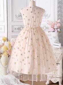 Tween Girl Starry Sequin Ruffle Hem Sleeveless Casual Dress With Cinching Waist For Summer - Apricot - View 2