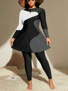 Swim Mulvari Plus Size Summer Beach Plus Color Block Full Cover Burkini Swimsuit Arabic Clothing - Grey - View 1