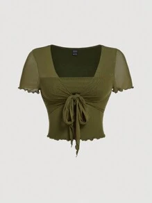 SHEIN MOD Camiseta de malla elástica para mujer de talla grande, verde, con diseño de 2 en 1 en el frente y detalle de lazo