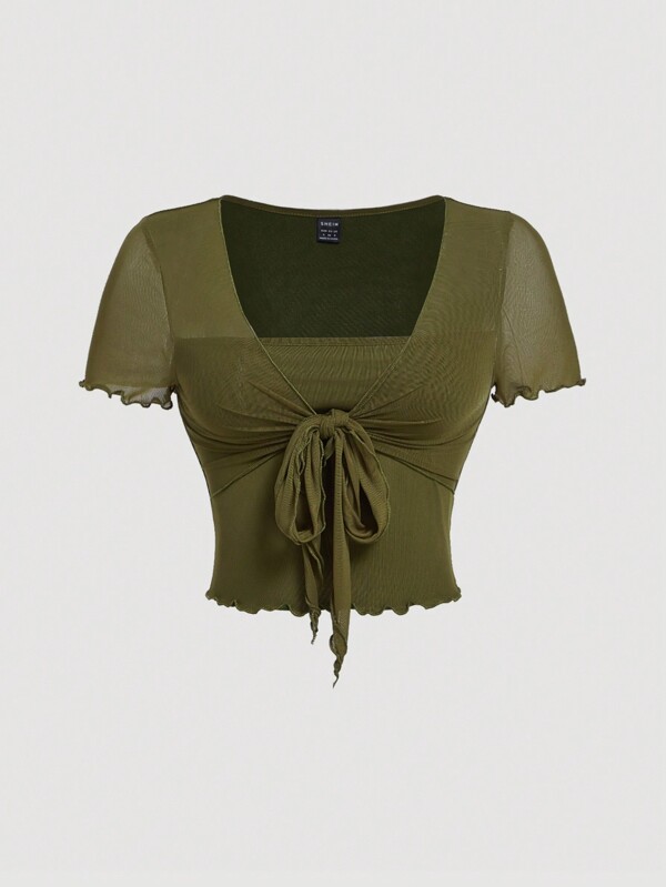 SHEIN MOD Plus Size Women's Elastic Mesh T-Shirt, Green, With 2 In 1 Design In Front And Bowknot Detail