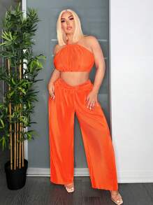 SHEIN SXY Plus Size Kỳ nghỉ Quần cạp cao xếp ly xoắn nút ống rộng - trái cam - Xem 4