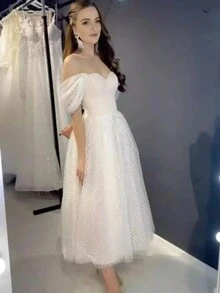 Đầm cưới ngắn 2024 trễ vai, dài đến mắt cá chân, chất liệu voan xếp ly, kiểu dáng lộng lẫy, thanh lịch, thích hợp cho dạ hội, tiệc bán chính thức, dự tiệc cưới, sinh nhật, tốt nghiệp, tiệc chào mừng, mùa xuân. - Màu be - Xem 4
