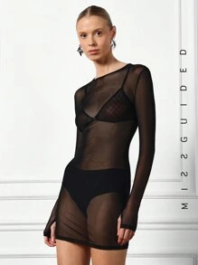 MISSGUIDED Sheer Thumb Hole Long Sleeve Bodycon Mini Dress - Black - View 1