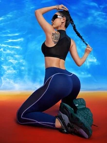 Innovista 女士拼接透氣網眼腿部運動緊身褲，控制腹部提臀性感夏日相配褲，日常休閒和運動必備 - 藏蓝色 - 查看 8